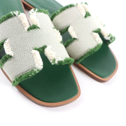 Hermes Oran Fringe Canvas Leather Sandals Green 35 — view 8