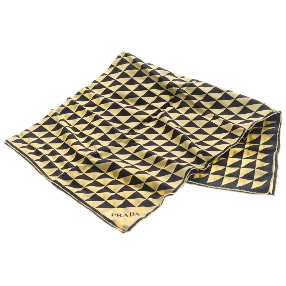 Prada Triangle Logo Print Silk Twill Scarf Black Gold