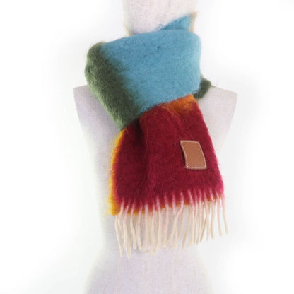 LOEWE Mohair Wool Monogram Leather Scarf With Patch And Fringe Multicolor Made