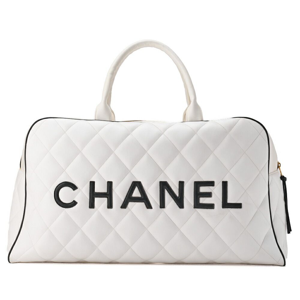 Chanel Handbag Boston Bag Calfskin Matelasse Sport Line Logo White And Black