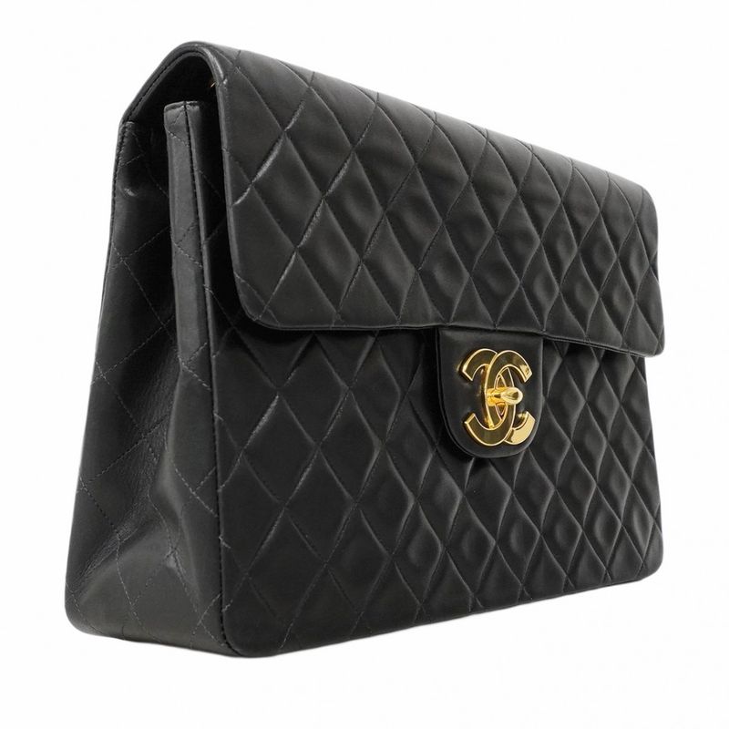 Chanel Shoulder Bag Deka Matelasse Lambskin Black Gold Hardware Women