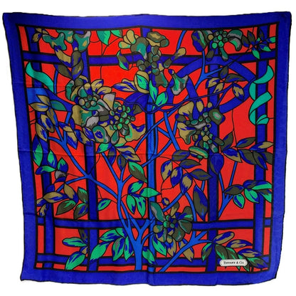 Tiffany & Co Stained Glass Pattern Silk Blue Scarf Red