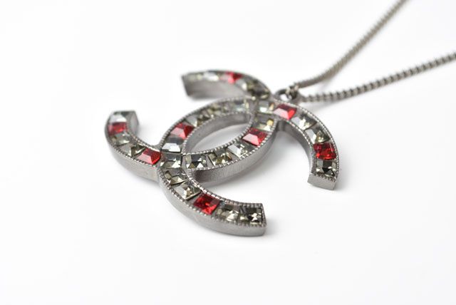Chanel Necklace Pendant Rhinestone Gunmetal Red