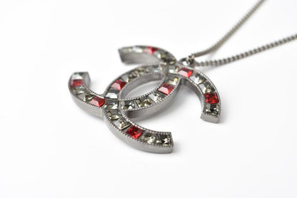 Chanel Necklace Pendant Rhinestone Gunmetal Red