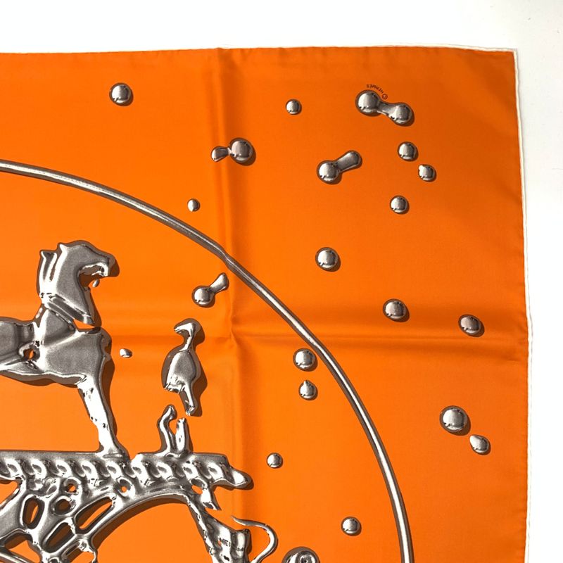Hermes Carre 90 VIF Argent Silver Drops Orange Silk Scarf With Box