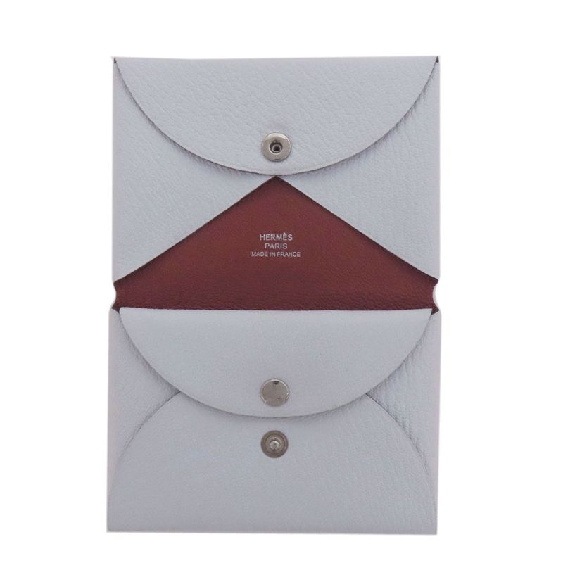 Hermes Calvi Blue Brume Silver Hardware Card Case Chevre Women