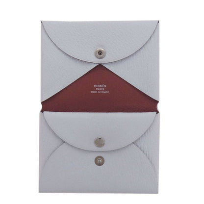 Hermes Calvi Blue Brume Silver Hardware Card Case Chevre Women