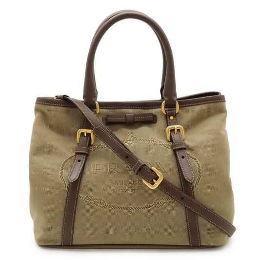 Prada Logo Jacquard Ribbon Tote 2-Way Shoulder Bag Canvas Khaki