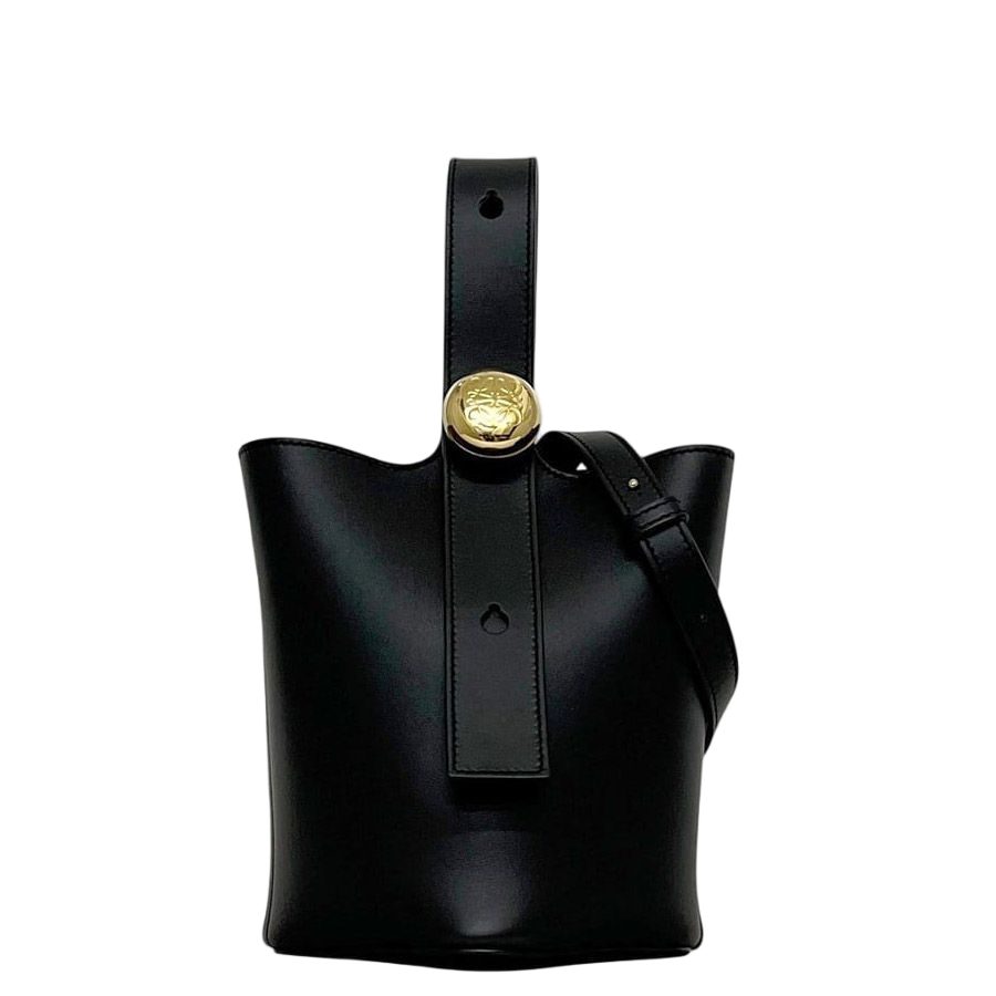Loewe 2-Way Pebble Bucket Black Shoulder Bag Anagram Leather