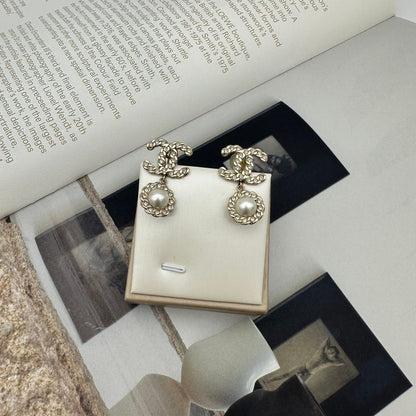 Chanel CC Logo Line Stone Pearl Earrings Gold