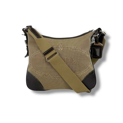 Prada Shoulder Bag with Tag Charm Logo Jacquard Canvas Beige Brown