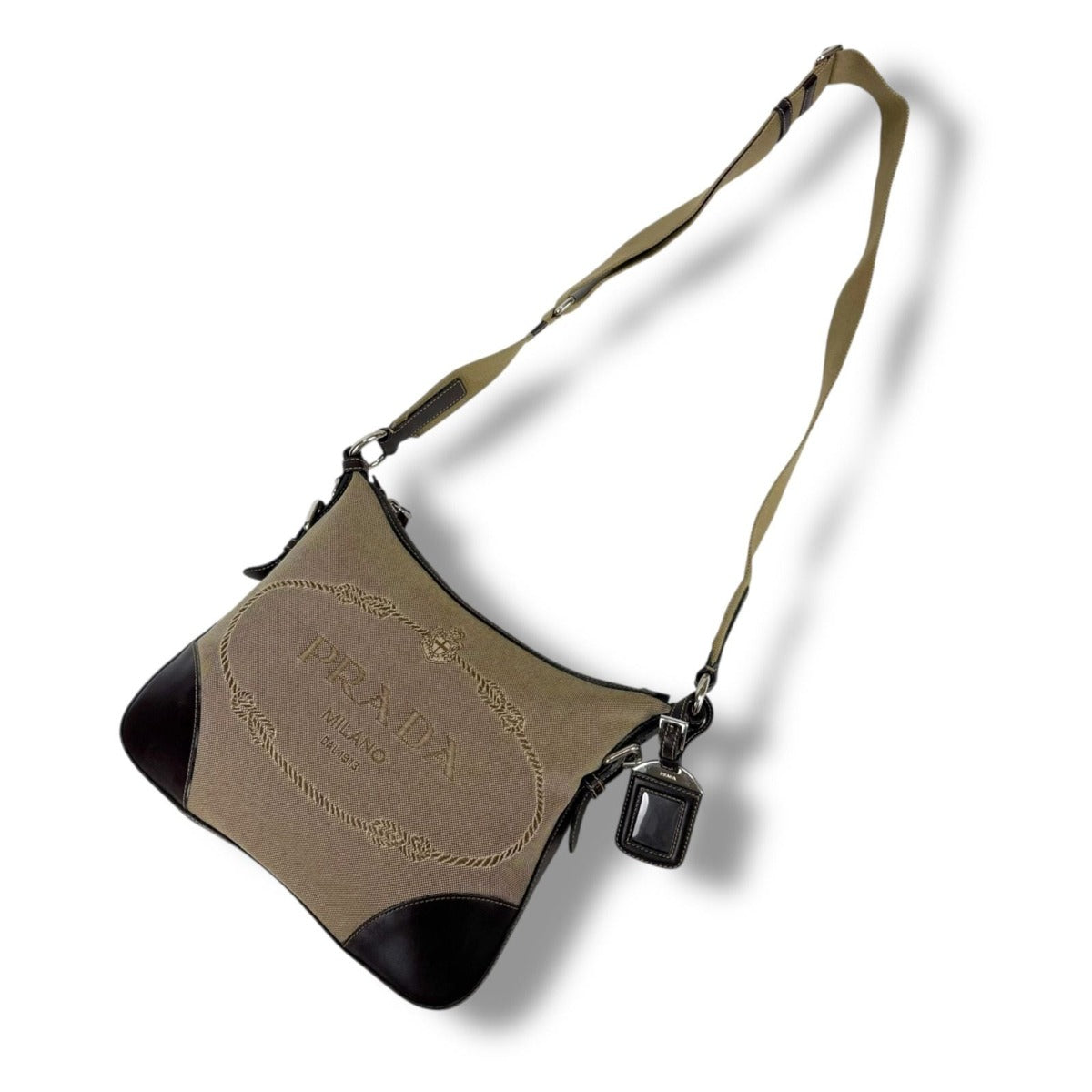 Prada Shoulder Bag with Tag Charm Logo Jacquard Canvas Beige Brown — view 2