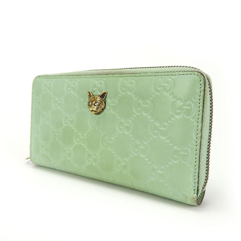 Gucci Long Wallet Round Zipper 548058 Sima Leather Mint Green Color Linea Cat