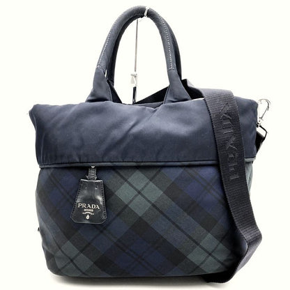 Prada Reversible Tote Shoulder Bag Handbag 2WAY Check Black Green Nylon Women