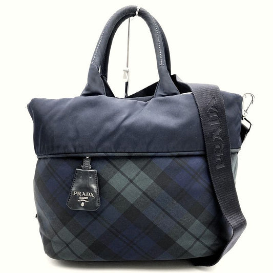 Prada Reversible Tote Shoulder Bag Handbag 2WAY Check Black Green Nylon Women