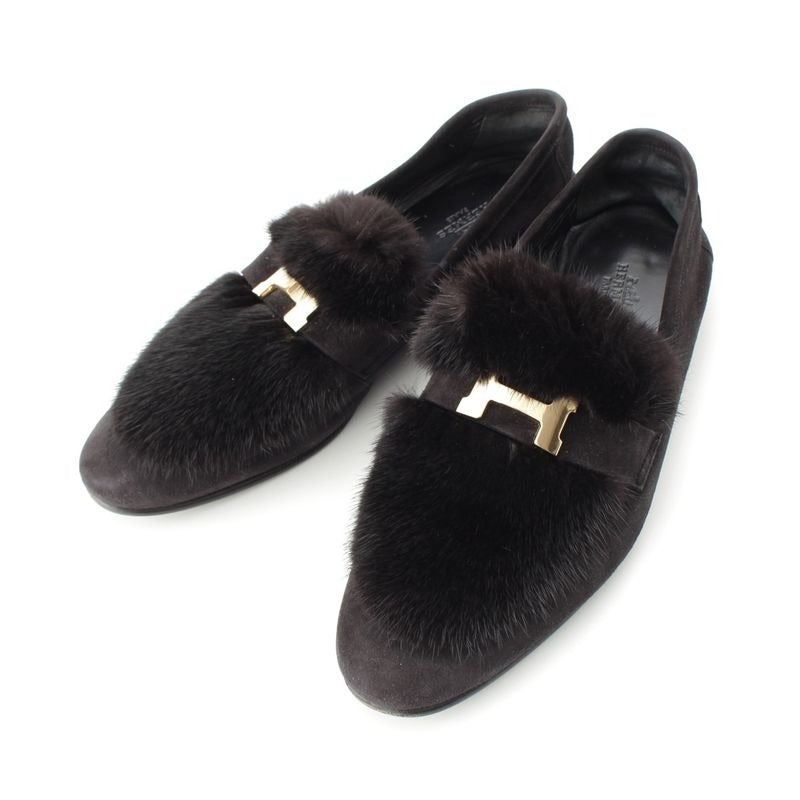 Hermes Paris Moccasins Suede Leather Flat Shoes Mink Fur Noir Black Loafers