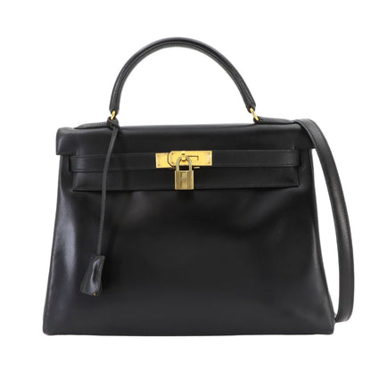 Hermes Kelly 32 Box Calf Black 2-Way Hand Bag Retourne Vintage
