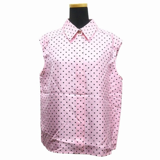 Chanel Silk Twill CC Logo Dot Sleeveless Shirt Blouse Top Button 38 Pink