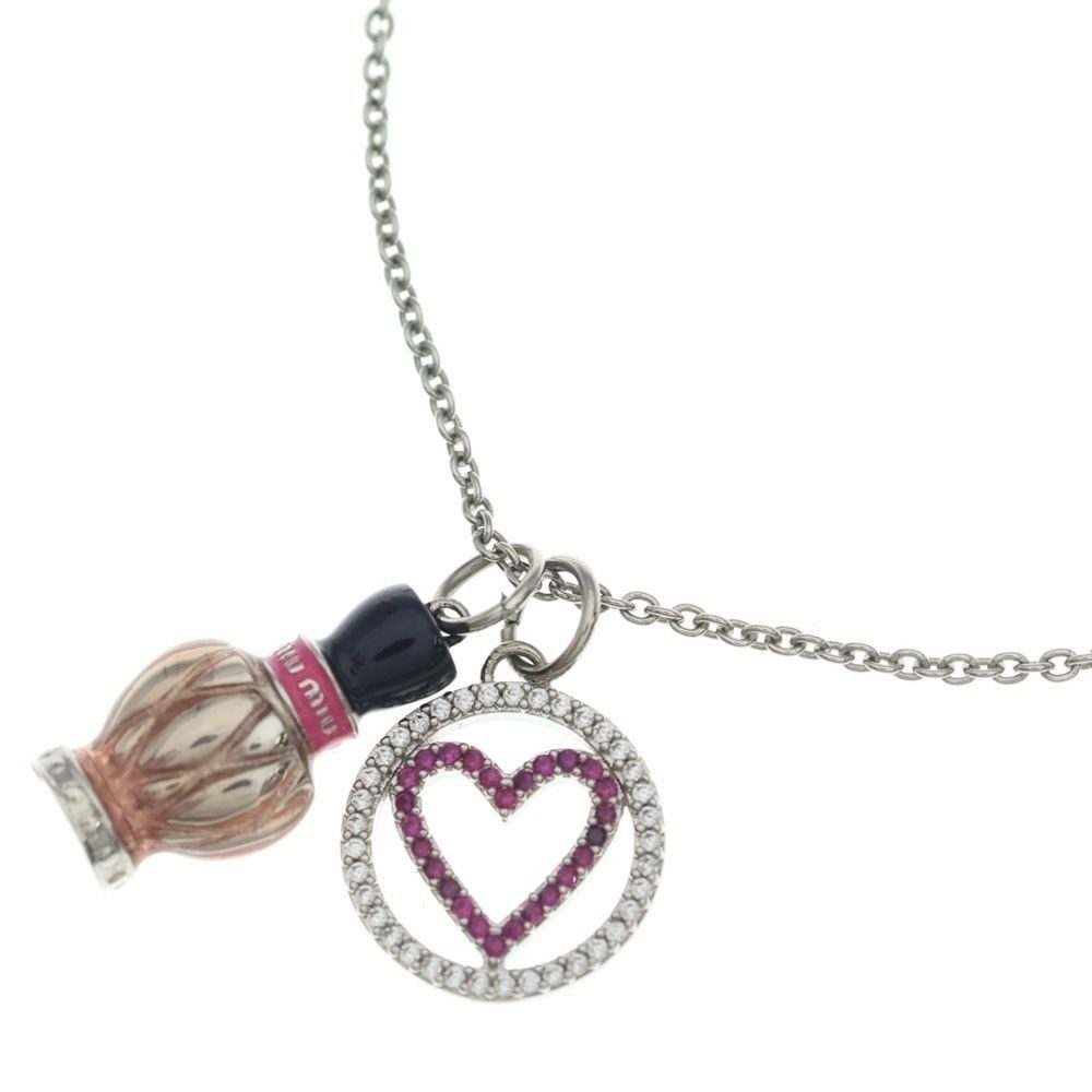 Miu Miu Logo Necklace Metal Pendant Chain Pink Silver