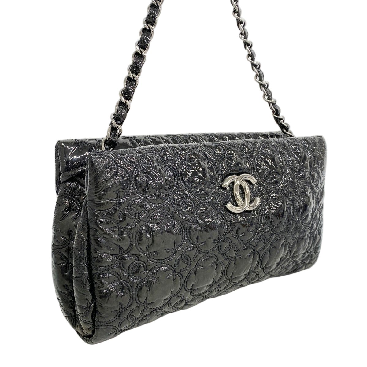 Chanel Shoulder Bag Flower Stitch Patent Leather Black Silver — view 2