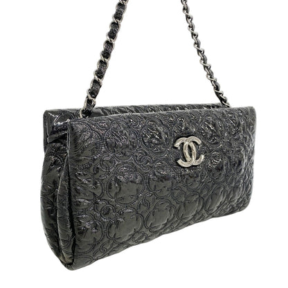 Chanel Shoulder Bag Flower Stitch Patent Leather Black Silver — view 2