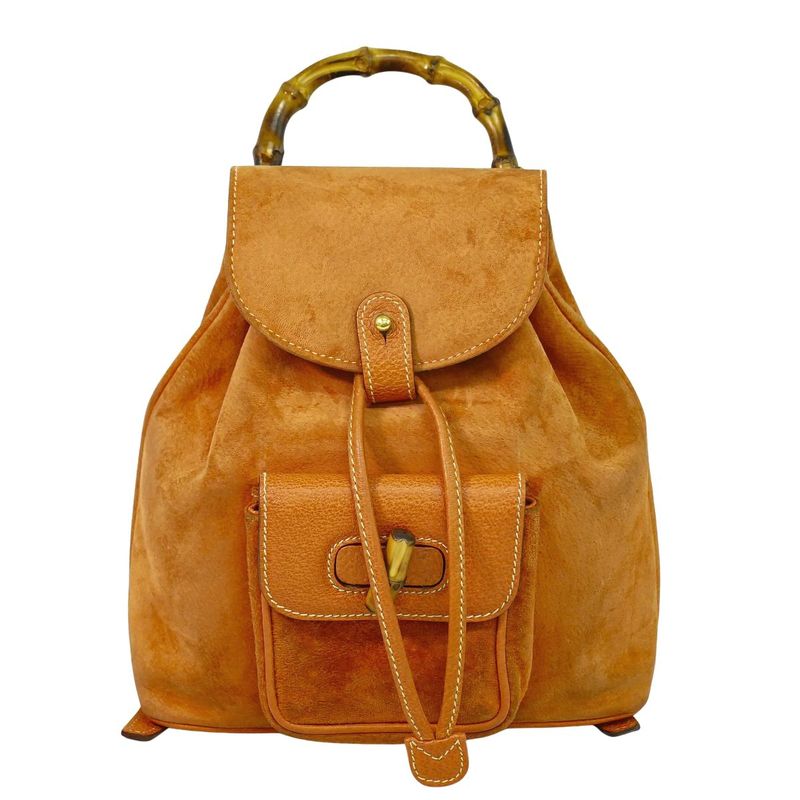 Authentic Gucci Bamboo Backpack Sac Backpack Suede Leather Orange Bamboo Bag