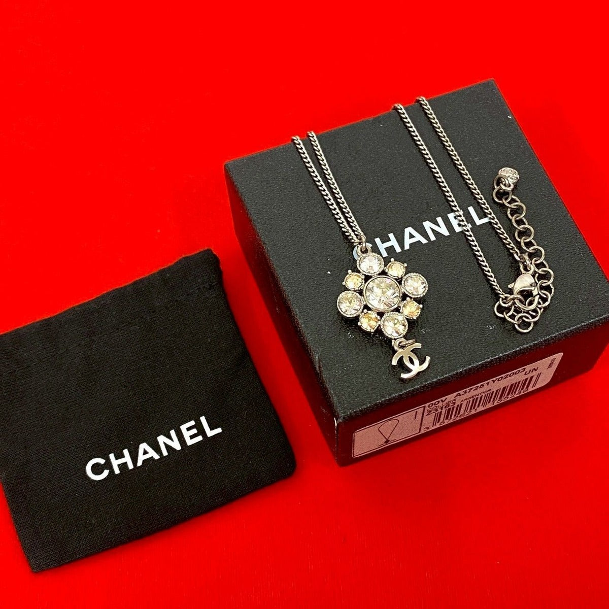 Chanel Box CC Logo Motif Plated Rhinestone Necklace