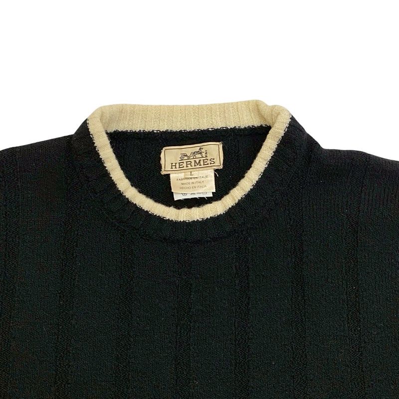 Hermes Wool Lycra Sweater Rib Knit Crew Neck Long Sleeve L Size Men's