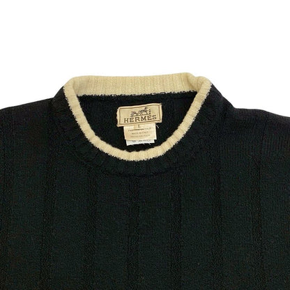 Hermes Wool Lycra Sweater Rib Knit Crew Neck Long Sleeve L Size Men's