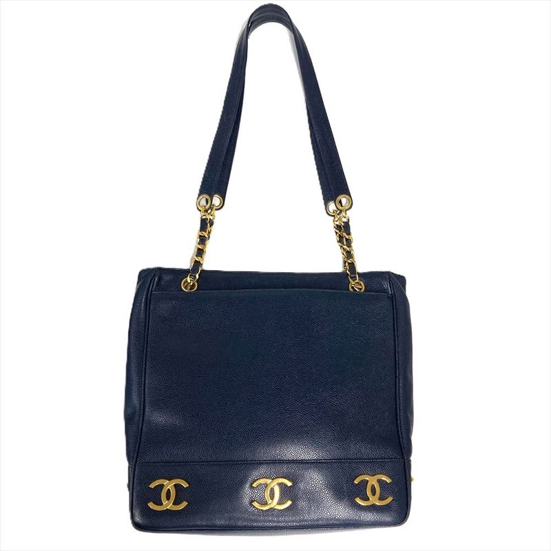Chanel Triple Coco Mark Tote Bag Caviar Skin Navy Chain Shoulder Women