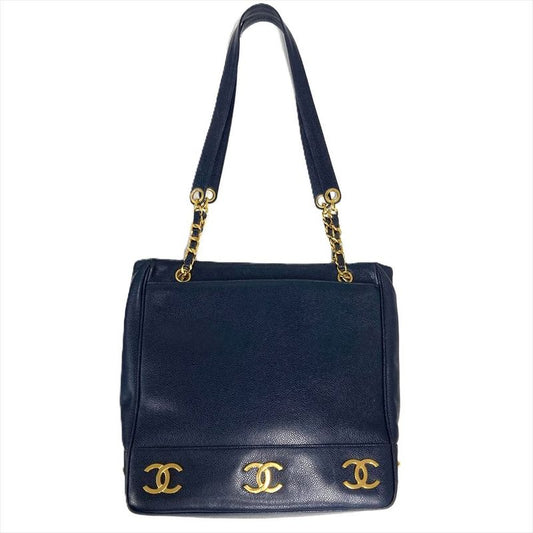 Chanel Triple Coco Mark Tote Bag Caviar Skin Navy Chain Shoulder Women