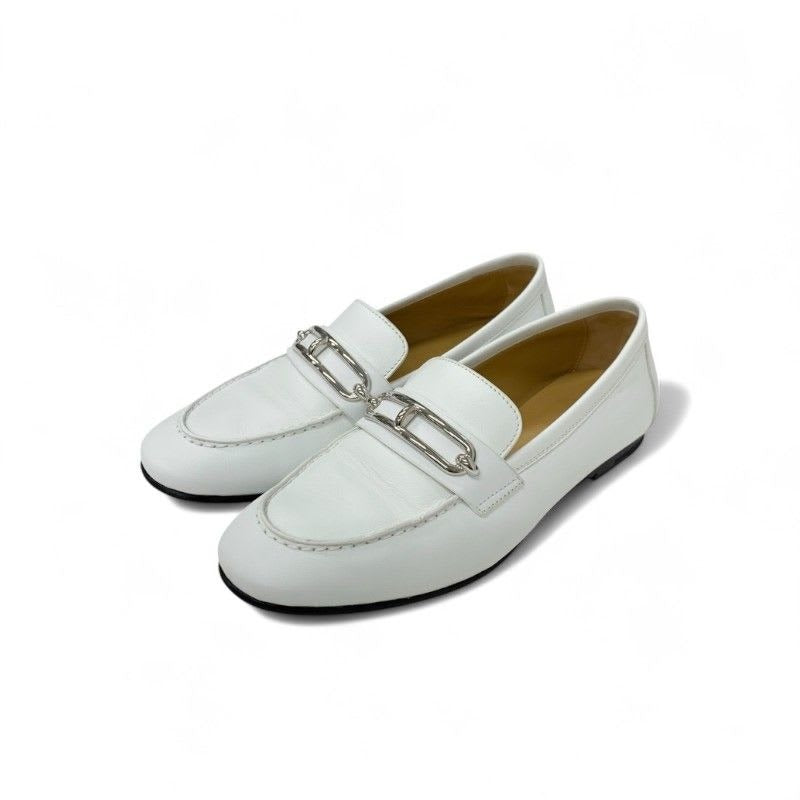 Hermes Colette Loafer Leather Shoes White Silver Ruri Buckle Moccasins