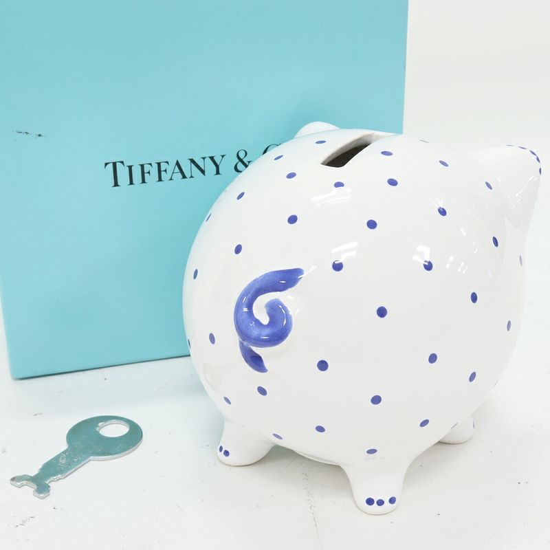 Tiffany & Co Piggy Bank Objet D'art Piggy Bank Ceramic White And Blue Pig Pig