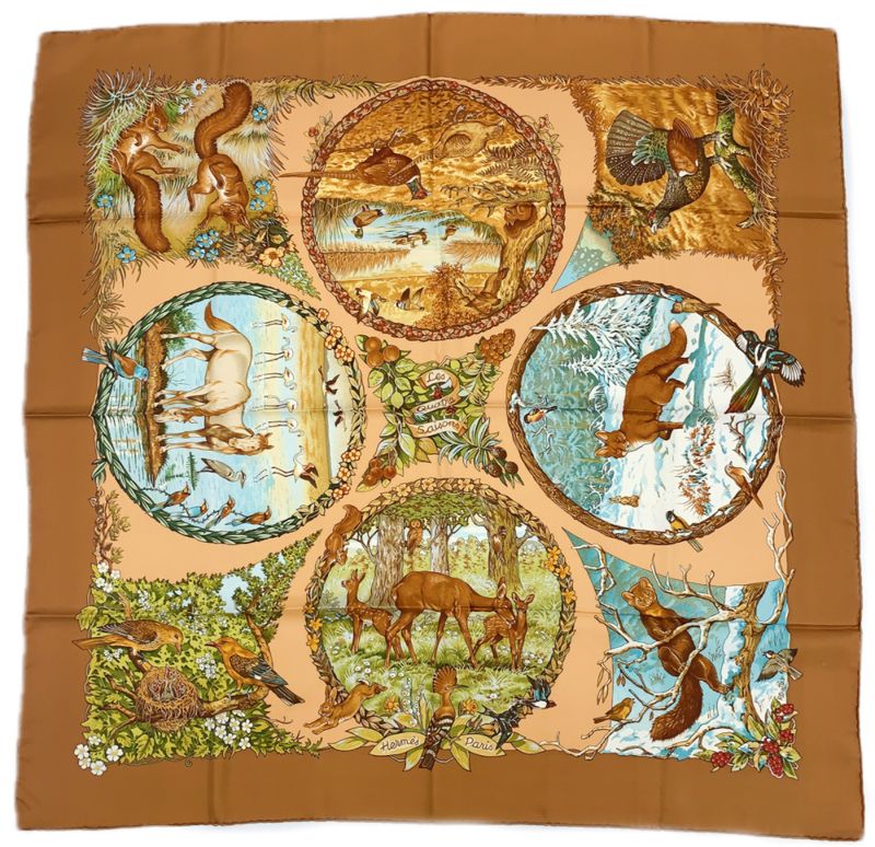 Grade Hermes Carre 90 LES Quatre Saisons Four Seasons Brown Animal Flower Scarf