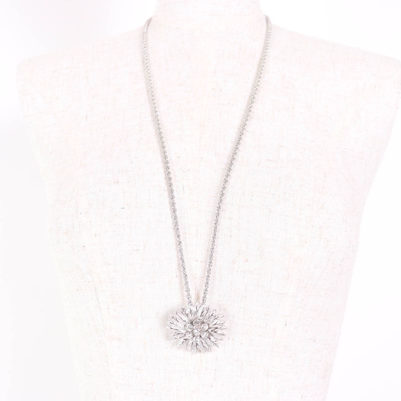 Christian DIOR Vintage Flower Design Pendant Necklace With Rhinestones Silver
