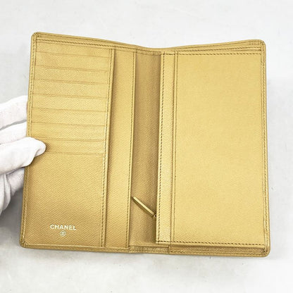 Chanel Long Wallet Coco Button Leather Beige Gold Hardware Women