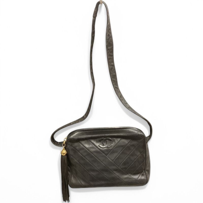 Chanel ⑤ Coco Mark Lamb Leather Shoulder Bag With Tassel Charm Ladies Black