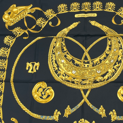 Hermes Carre 90 LES Cavaliers D'OR Golden Knight Scarf Silk Gold And Black
