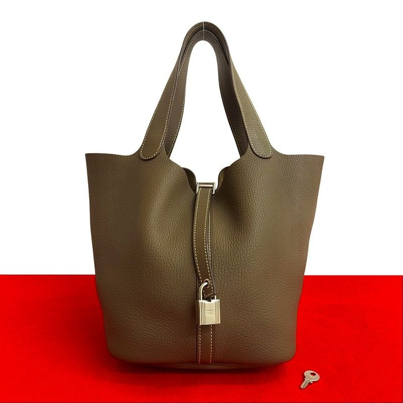 Hermes Keyed Engraved Picotin Lock MM Taurillon Clemence Etoupe Leather