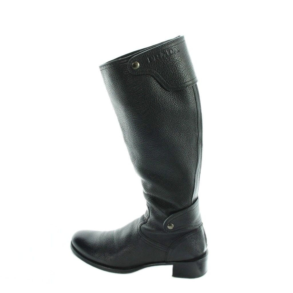 Prada Engineer Boots Grain Leather Long Logo Round Toe 36 Black