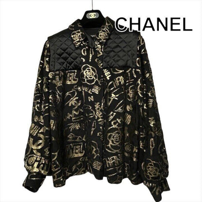 Chanel CC Logo Quilted Cut Replacement Long Sleeve Shirt Top Blouse Black
