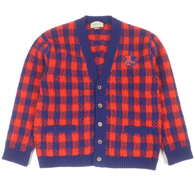 Gucci 23SS 711571 100% Wool Le Plaid Long Sleeve Knit Cardigan Orange Blue L