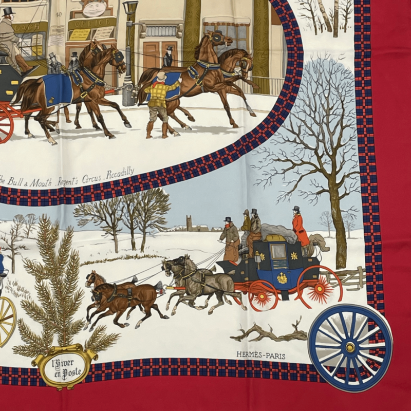 Hermes Carre 90 Postal Coach Scarf Silk Red