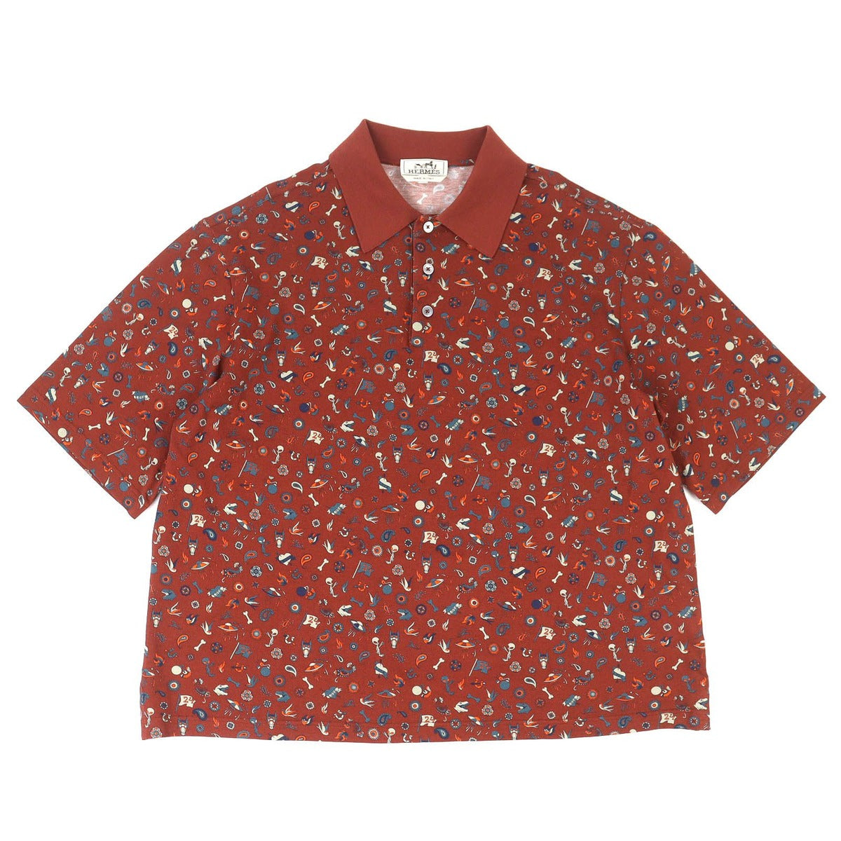 Hermes 100% Cotton Allover Pattern Design Short Sleeve Polo Shirt