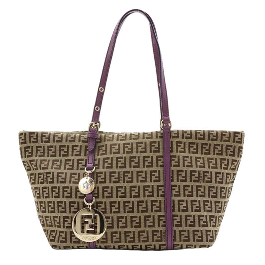 Fendi Zucchino Tote Canvas Leather Beige Purple Gold