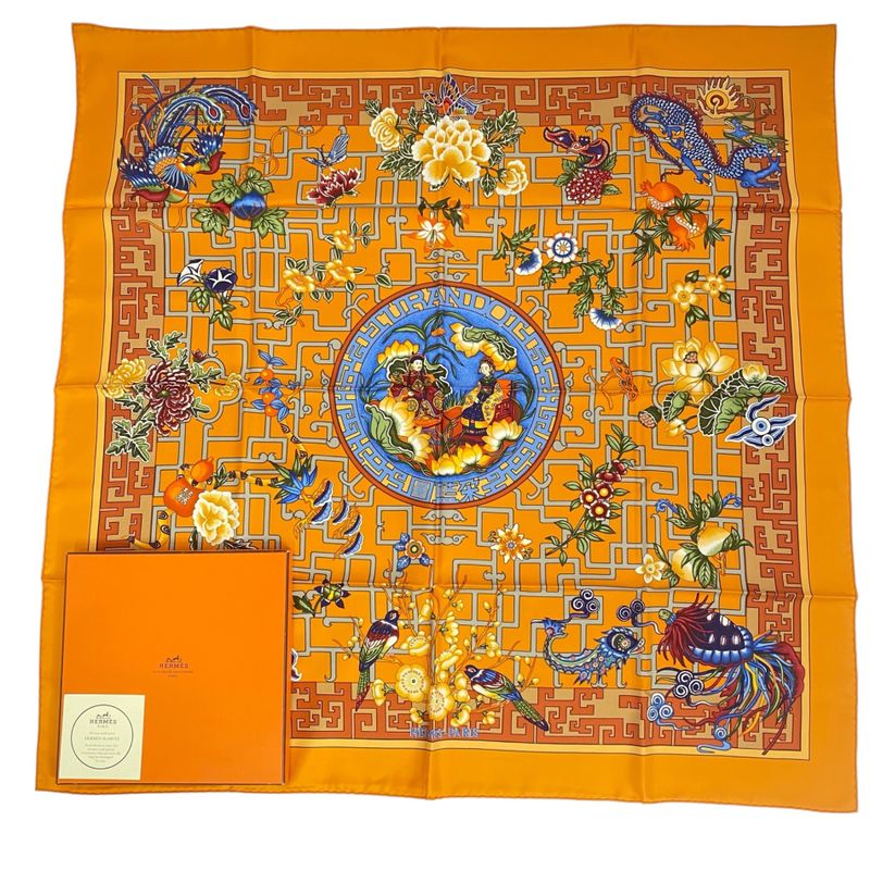 Hermes Scarf Silk Carre 90 2002 Turandot Natsunohidaka Orange Blue Turandot