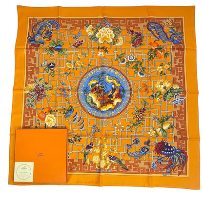 Hermes Scarf Silk Carre 90 2002 Turandot Natsunohidaka Orange Blue Turandot