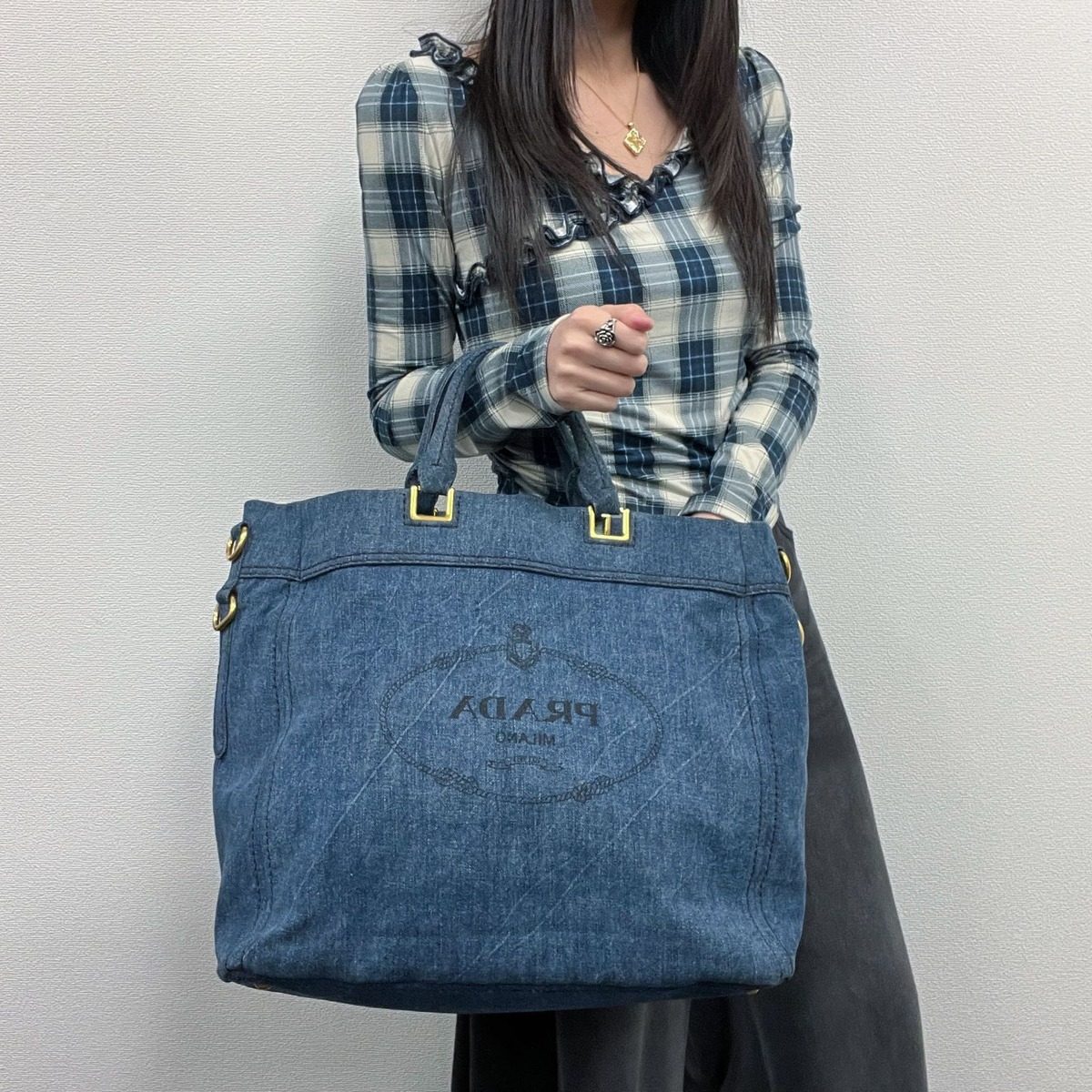Prada Canapa Tote Shoulder Bag Denim Blue Vintage