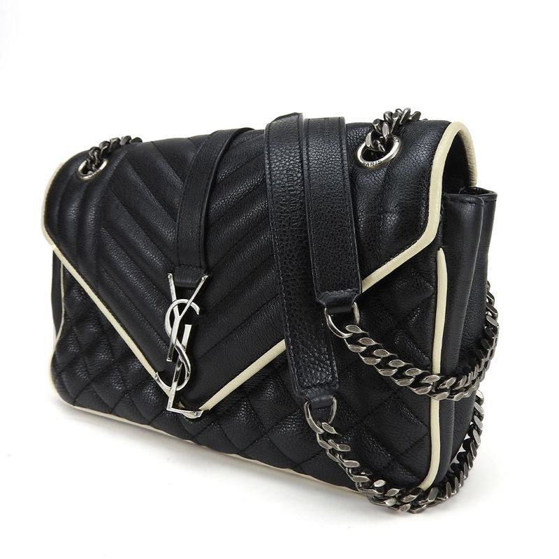 Saint Laurent Shoulder Bag Satchel Envelope Leather Black Ivory Silver Hardware