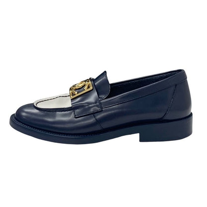 Chanel Loafer Leather Shoes Leather Navy White Gold Here Mark